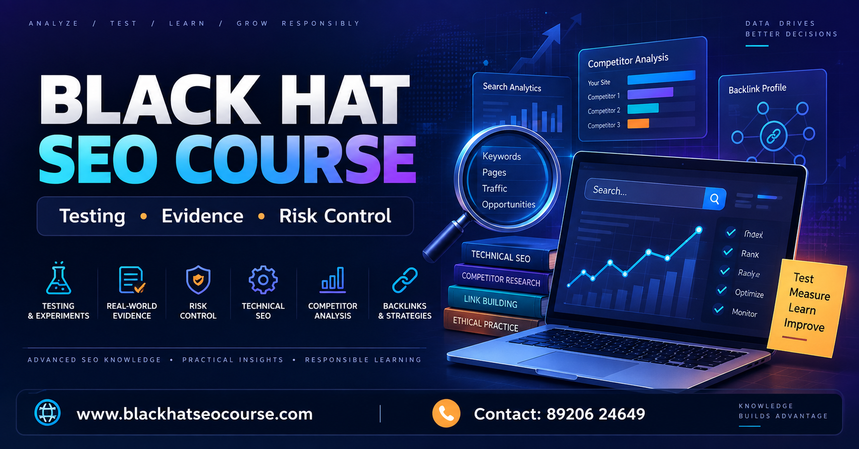 Black Hat SEO Course banner highlighting testing, evidence, risk control, technical SEO, competitor analysis and backlinks.