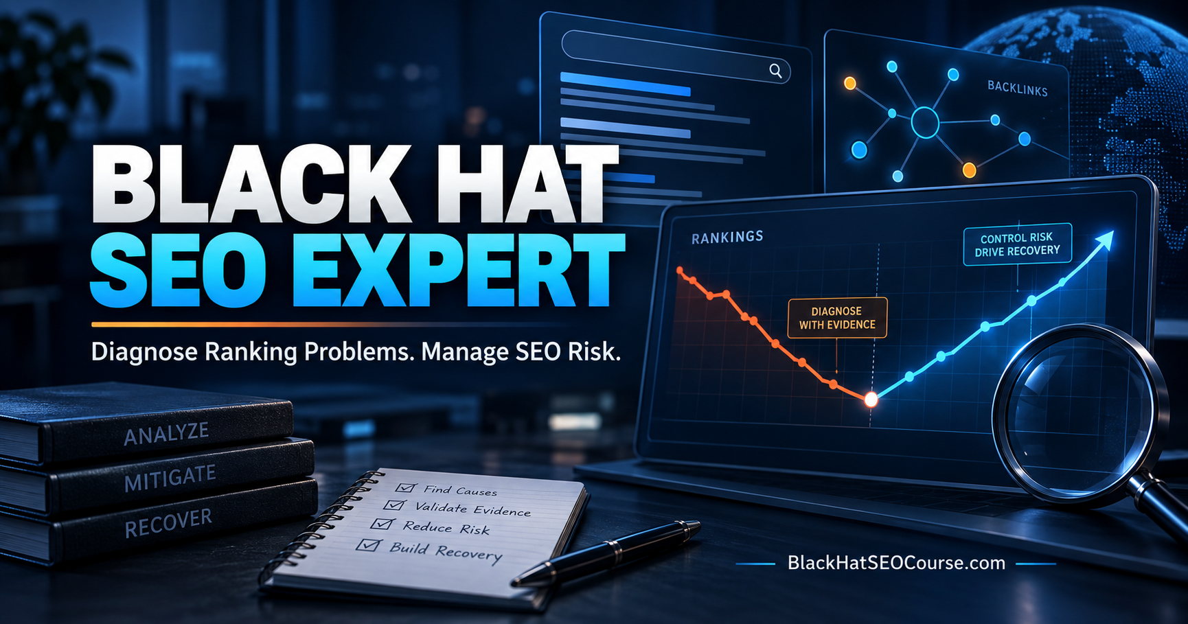 Black Hat SEO Expert analyzing backlinks, ranking problems and SEO recovery data.