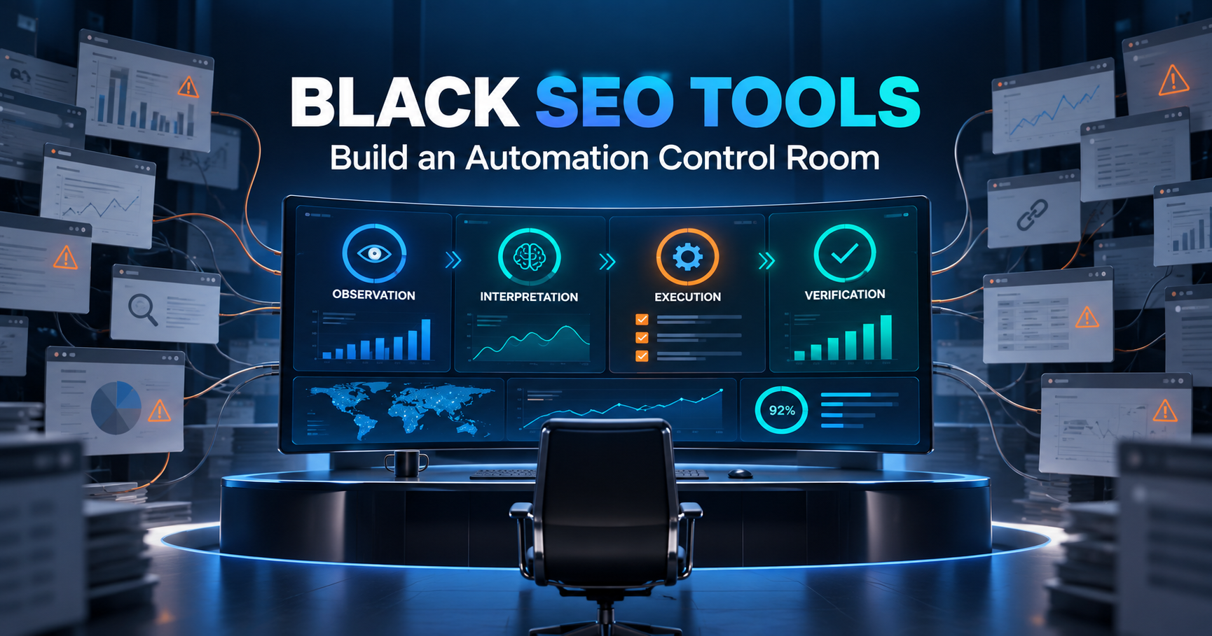Black SEO tools control room showing observation, interpretation, execution and verification.