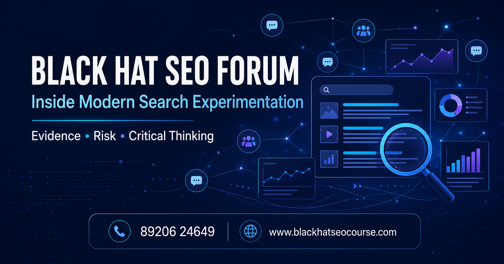 Black Hat SEO Forum graphic featuring search analytics, discussion networks and critical-thinking concepts.