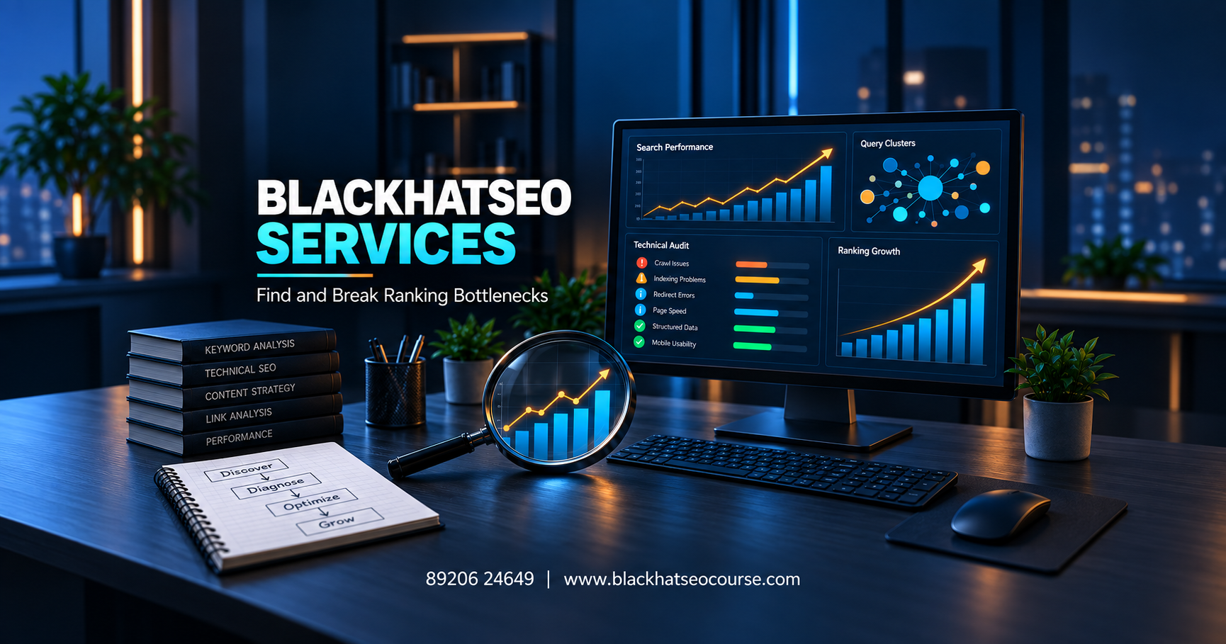 BlackHatSEO Services featured image showing SEO performance dashboards, technical audit data and ranking-growth analysis.